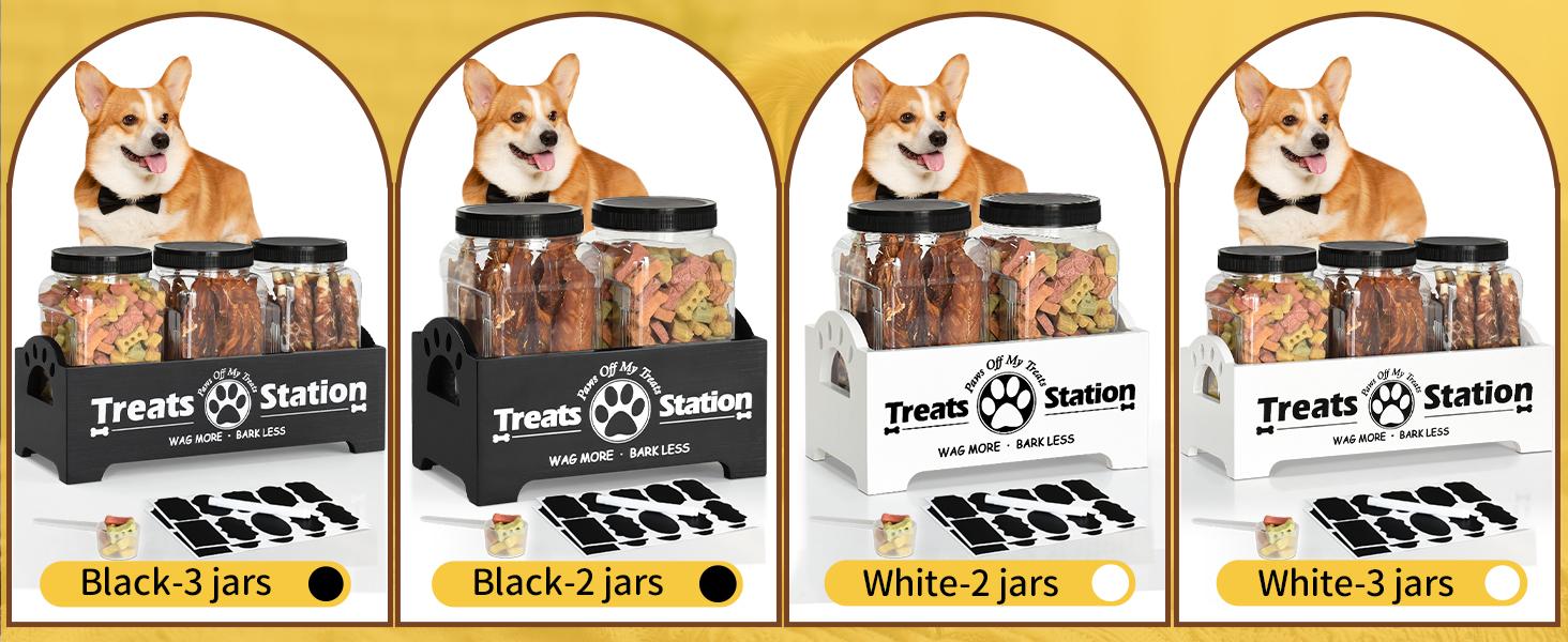 Dog Treat Container Dog Food Storage Container for Countertop, Cat Food Storage Container with 3 Plastic Dog Treat Jar, Dog Food Storage Container for Dog and Cat, Black Wooden Dog Food Container