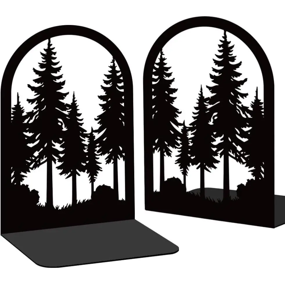 Forest Book Shelf Decorative Bookends for Shelves, Book Ends for Heavy Books, Black Pine Tree Metal Bookends for Desk Organizer, Office Library Decor Decorative Books for Home Decor