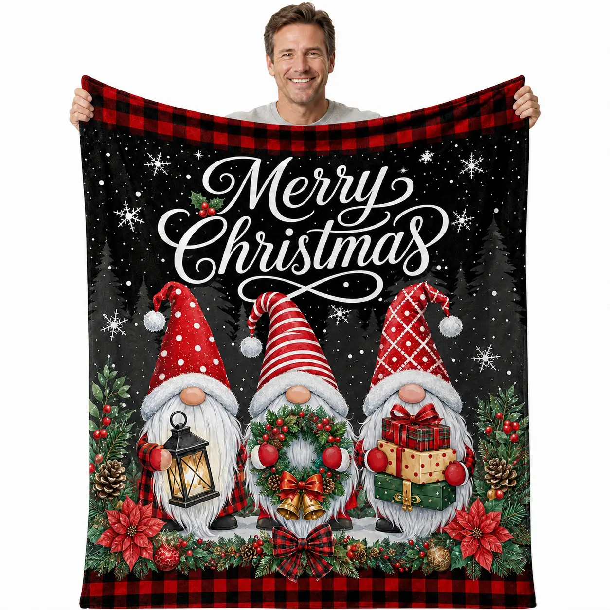 Merry Christmas Gnome Blanket, Cute Snowman and Buffalo Plaid Throw Blanket, Cozy Holiday Winter Gifts for Family and Friends, Super Soft Flannel Blanket for Bed Couch Sofa