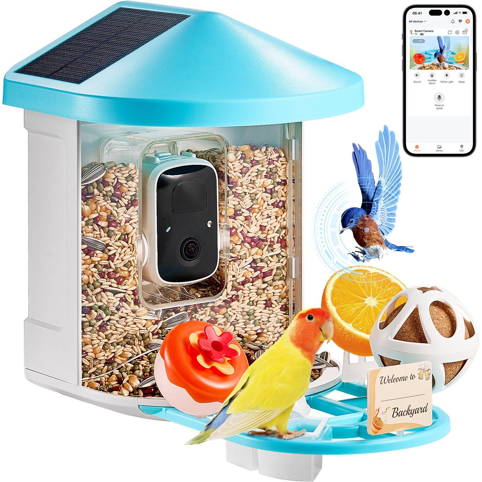 fathersdaygift VEVOR Smart Bird Feeder with Camera, 2K HD AI Identify 10000+ Bird Species, Solar-Powered Bird Watching Camera with Auto Capture Instant Notify, Wireless Outdoor Gift for Bird Lover (2 Solar Panels)