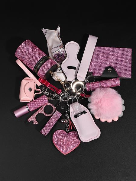 17 piece set shiny pink ladies rhinestone keychain suit wristband keychain with storage bag and pompom card bag accessories kit, keychain suit, key chain accessories, fashionable and strong material suitable for holiday, Keychain For Bags, Keychain Kawaii