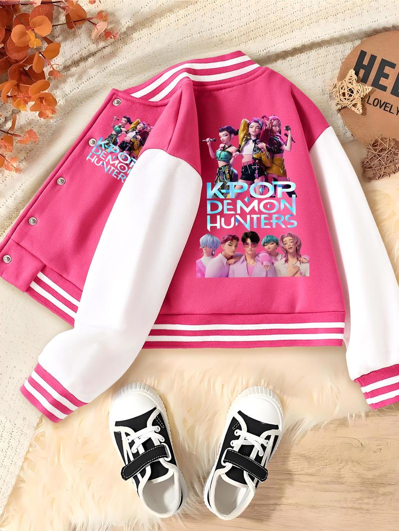 Girls' Kpop Demon Boy & Hunter Girl Group Print Baseball Jacket, Casual Cute Outerwear, Casual Sport School Uniform, Elastic Fabric, Fall Winter Halloween Girls' Kpop Demon Boy & Hunter Girl Group Print Baseball Jacket, Casual Cute Outerwear, Casual Sport School Uniform, Elastic Fabric, Fall Winter Halloween
