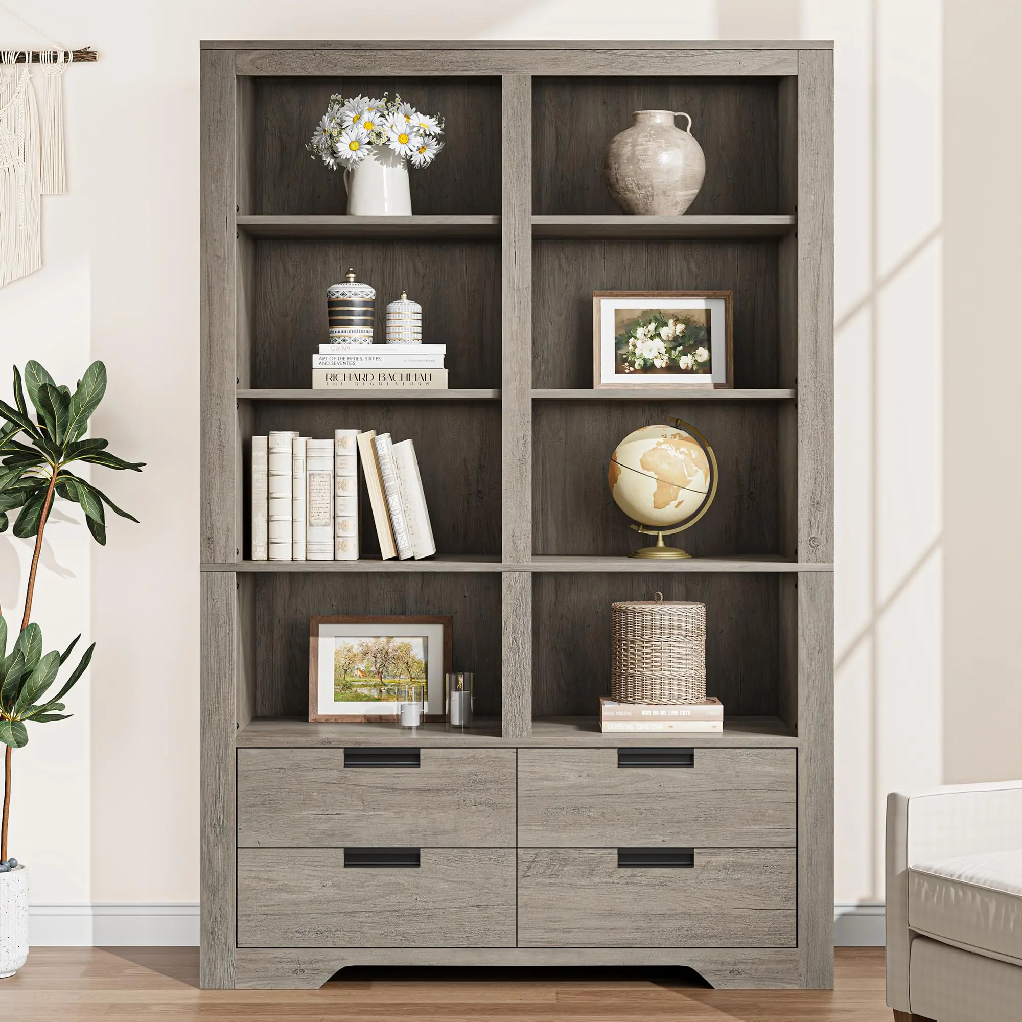 72" Farmhouse Bookcase with 4 Drawers, Double Wide Shelf | Extra-deep storage space accommodates large books, framed photos, and everyday essentials with ease