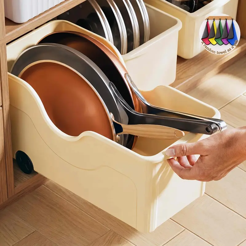 Set of 3 wheeled plastic storage boxes (includes a free random towel), large-capacity, mobile plastic storage containers, versatile storage solutions for kitchens, bathrooms, and storage rooms, and storage boxes for freezers and cabinets