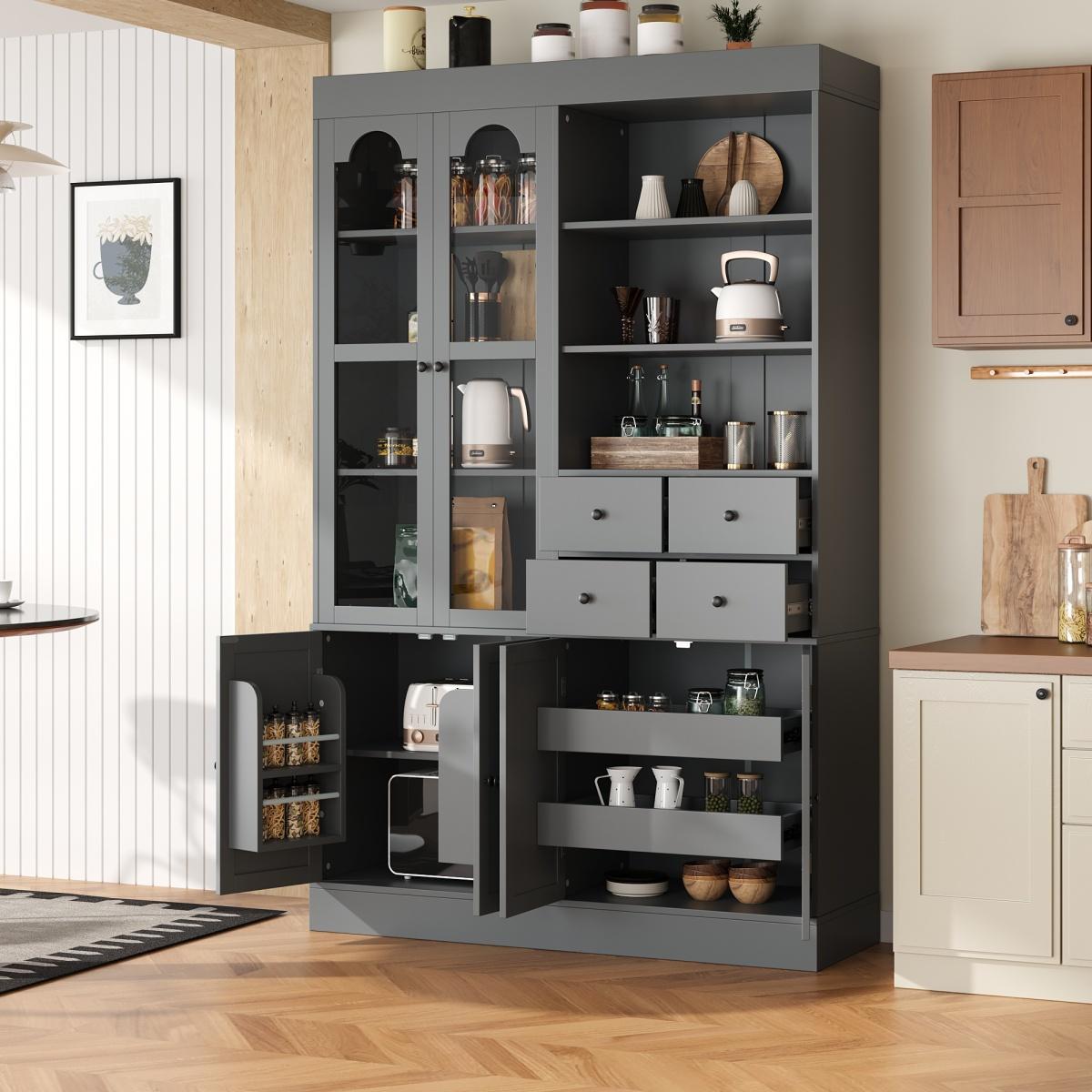 [Assembly Video Provided]  47.2x15.7x75inch Freestanding Buffet with Hutch, Tall Kitchen Pantry Cabinet with 4 Drawers, Door Shelves and Pull-out Trays for Dining room, Living Room, Gray
