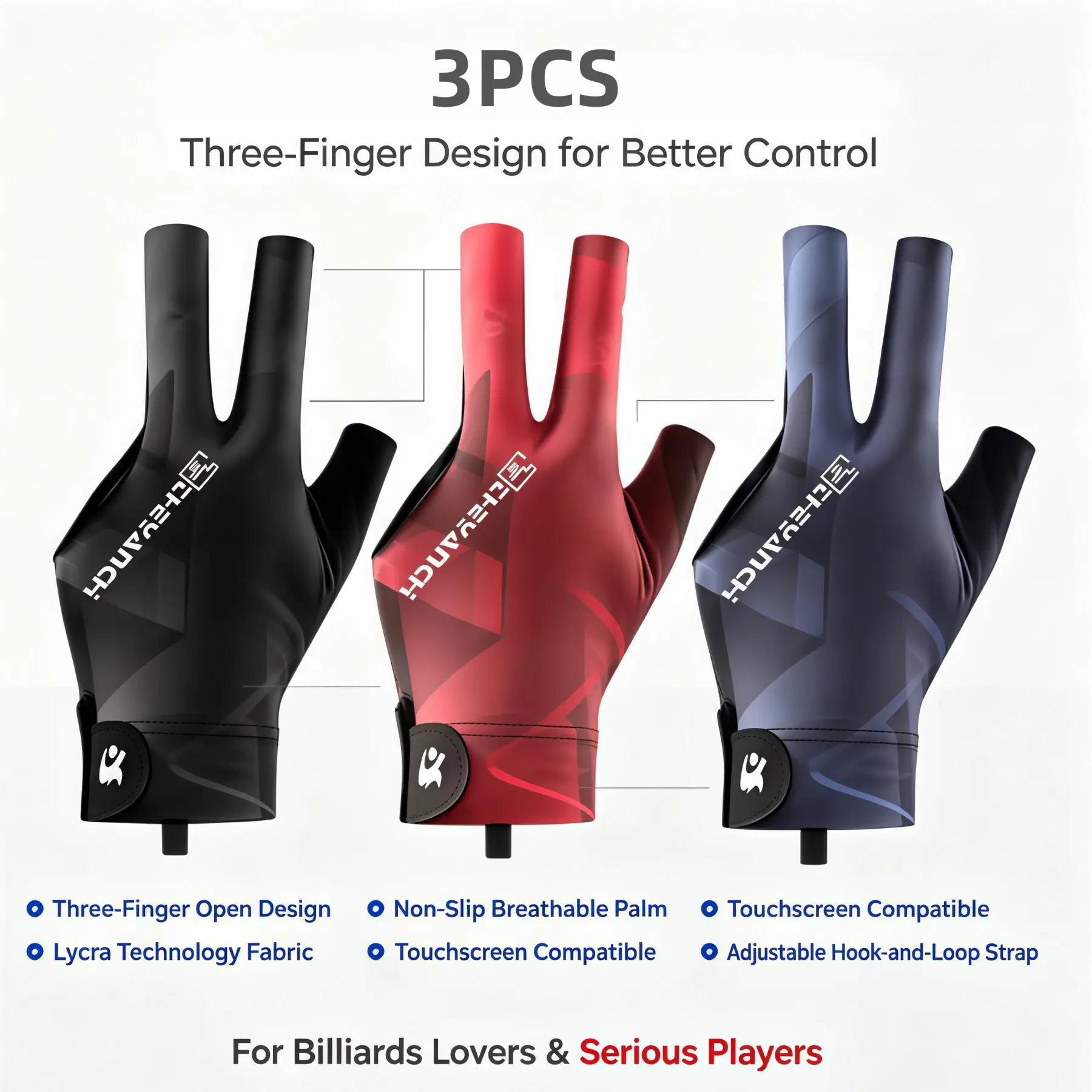 3pcs Snooker Billiard Gloves, Billiard Accessories, Left Hand Three-Finger Patchwork, Unisex Hot Sizes, Comfortable Fit, Durable Material, Perfect for Players