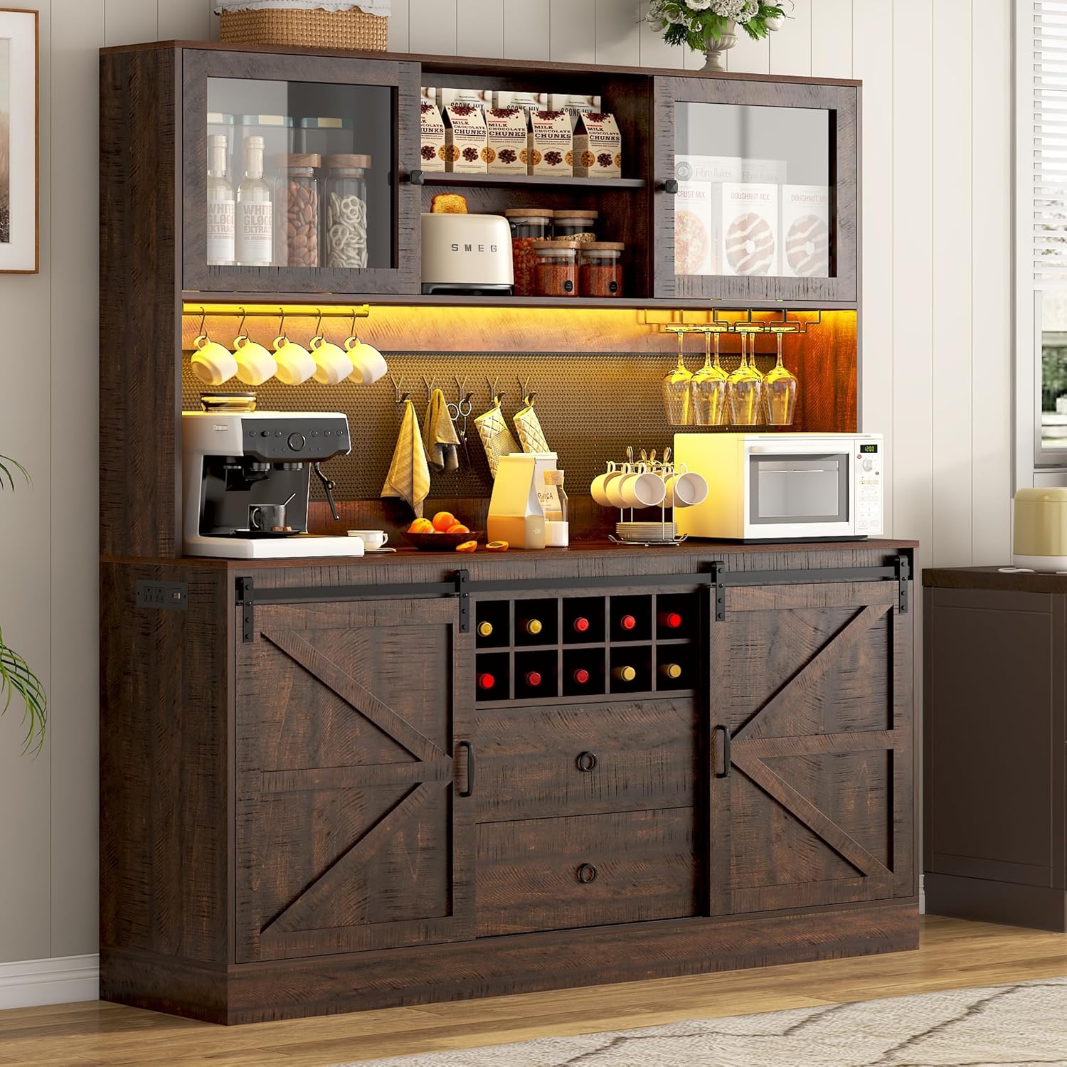 74" Farmhouse Kitchen Pantry Storage Cabinet with LED Light & Charging Station, 63" W Coffee Bar Cabinet Kitchen Cupboard with Hutch and Sliding Barn Doors, Pegboard