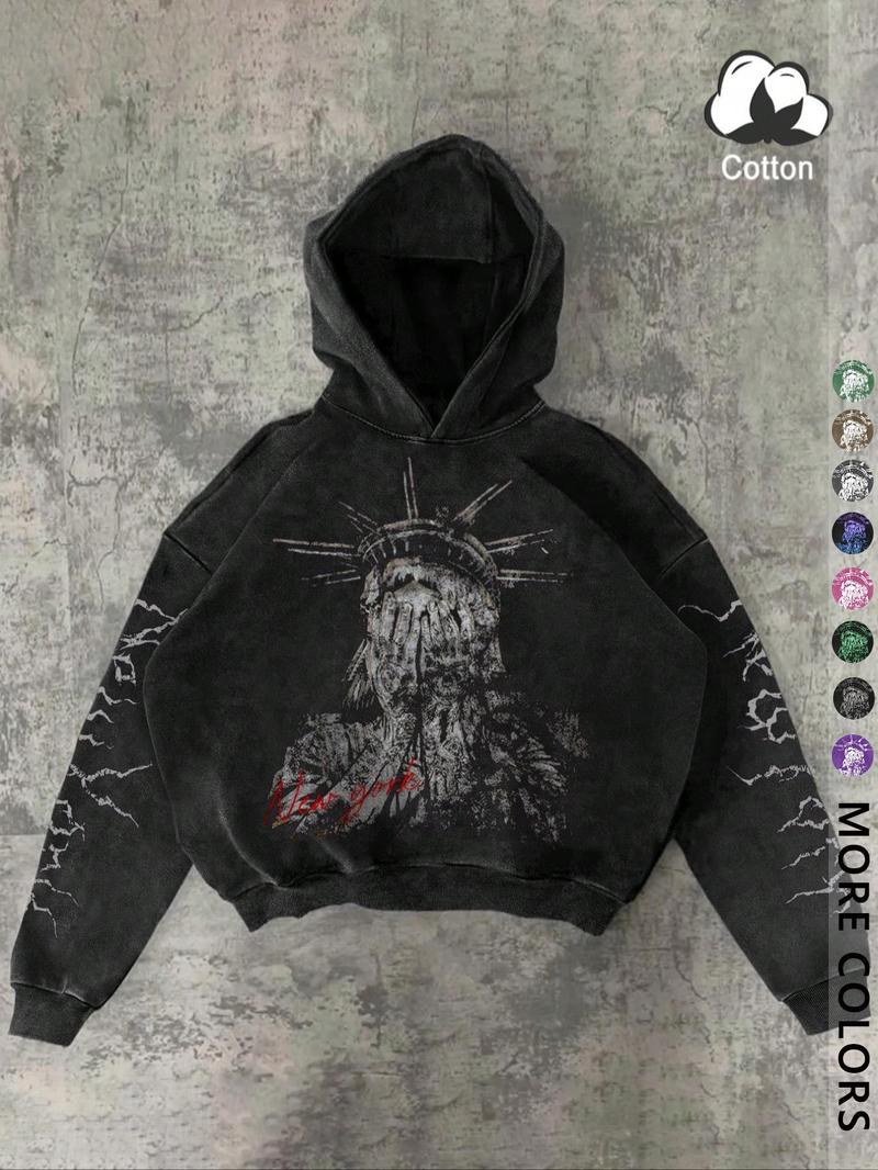 Unisex Streetwear Graphic Hoodie, New York Statue of Liberty & Gothic Symbols, Fall Winter Fitted Cotton Pullover, Casual Y2K Style