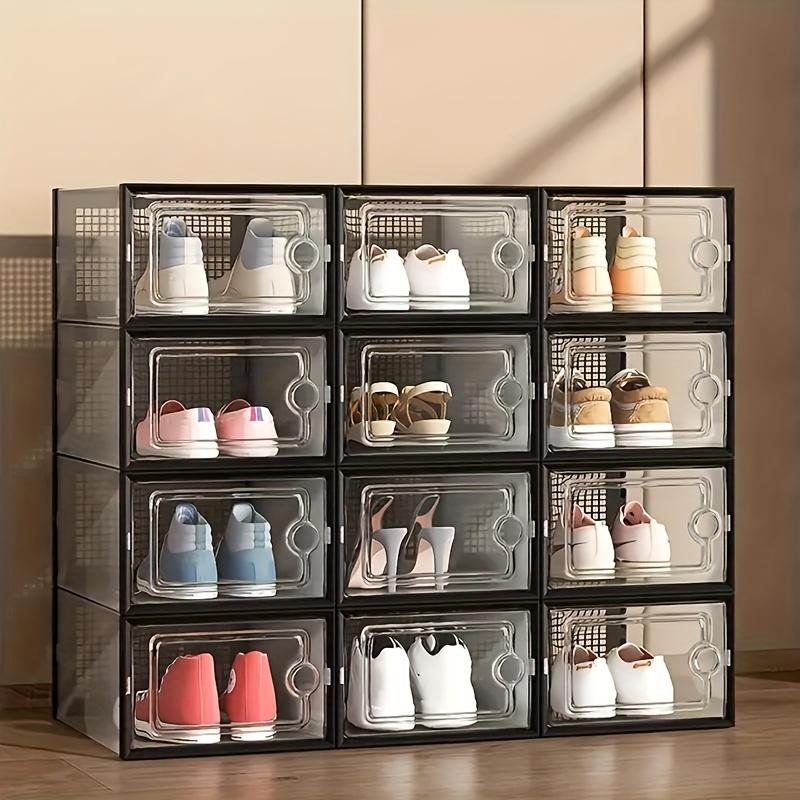 12 Pcs Thickened Clear Shoe Box with Cover, Foldable Shoe Rack Stackable Shoe Rack, Free Combination, Plastic Sneaker Container, Space-Saving Storage Organizer