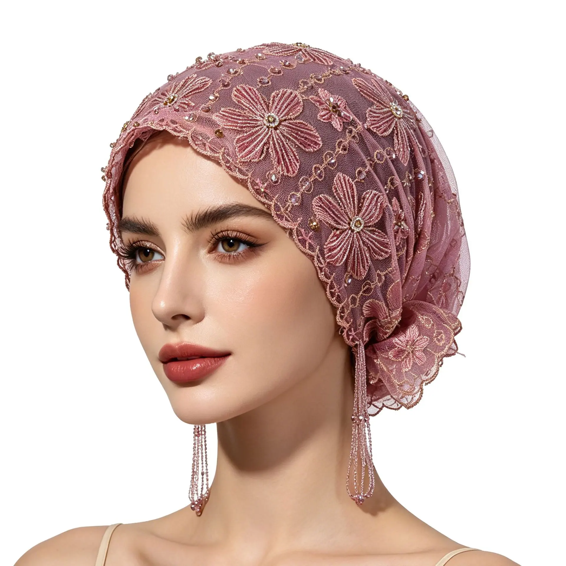 Non-Slip Dusty Pink Floral Beads Stretch Mesh Turban Headband, Vintage Flapper 1 Size Fit Full Coverage Bonnet Cap, Party Wear Modest Hair Cover with Embroidered Lace & Beaded Tassel (Sports & Outdoor Accessory), One Size Fit