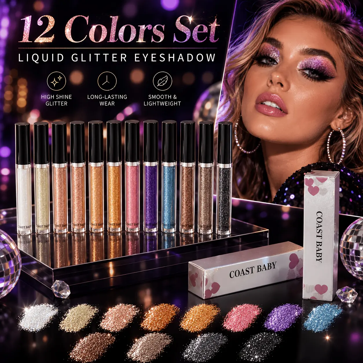 12 Colors Liquid Glitter Eyeshadow Set, Waterproof Long Lasting High Shine Metallic Liquid Eye Shadow, Sparkling Glitter Eyes Makeup for Women, Party Wedding Daily Eye Makeup, Nice Gift for Makeup Lovers, Shimmery Eyeshadow