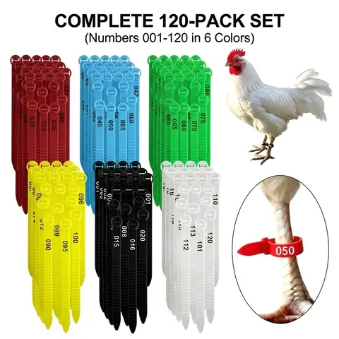 120-Pcs Numbered Adjustable Plastic Poultry Leg Bands Set Pack, 10-30mm Reusable Snap Closure Identification Straps for Chicken/Duck Farming Supplies