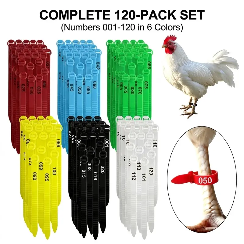 120-Pcs Numbered Adjustable Plastic Poultry Leg Bands Set Pack, 10-30mm Reusable Snap Closure Identification Straps for Chicken/Duck Farming Supplies