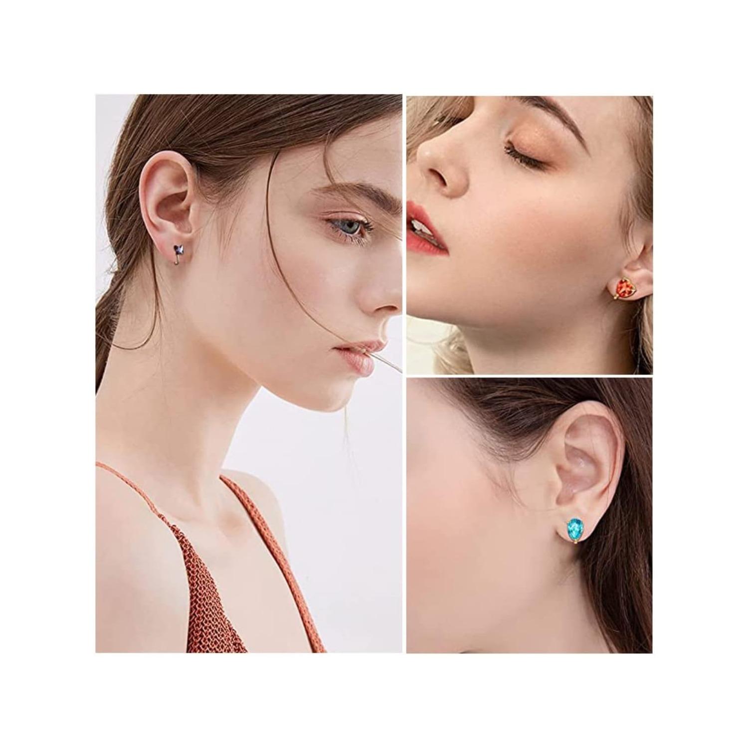 8 Pairs Clip On Earrings Set for Women - Non-Pierced CZ Heart, Butterfly, Flower Earrings - Hypoallergenic, Vibrant Color Birthstone Clip Ons