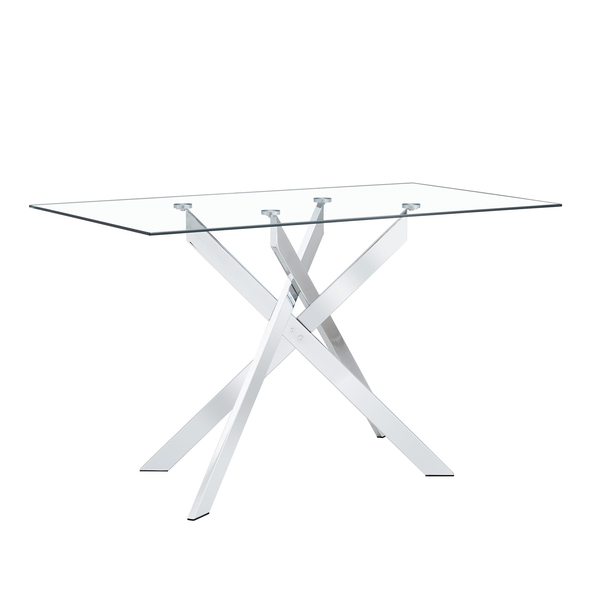 51.18" Rectangular Clear Tempered Glass Dining Table,Stylish Design with Silver Chrome Plated Metal Legs, Furniture Home Decor