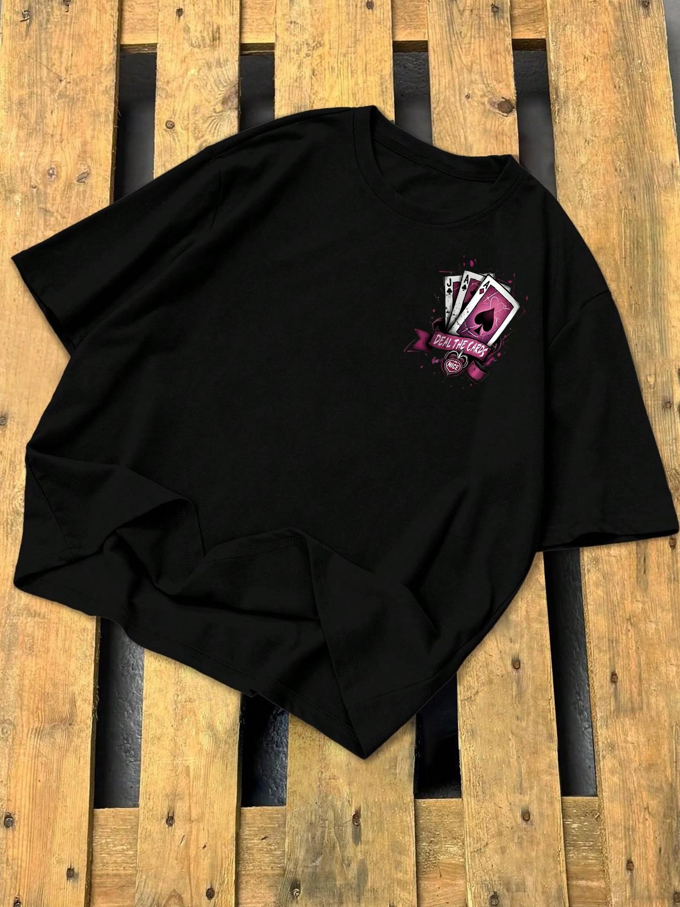 Gothic Dark Style American Street Short Sleeve T-Shirt, Poker Print Graphic Tee, Casual Fitted Top Without Zipper and Collar