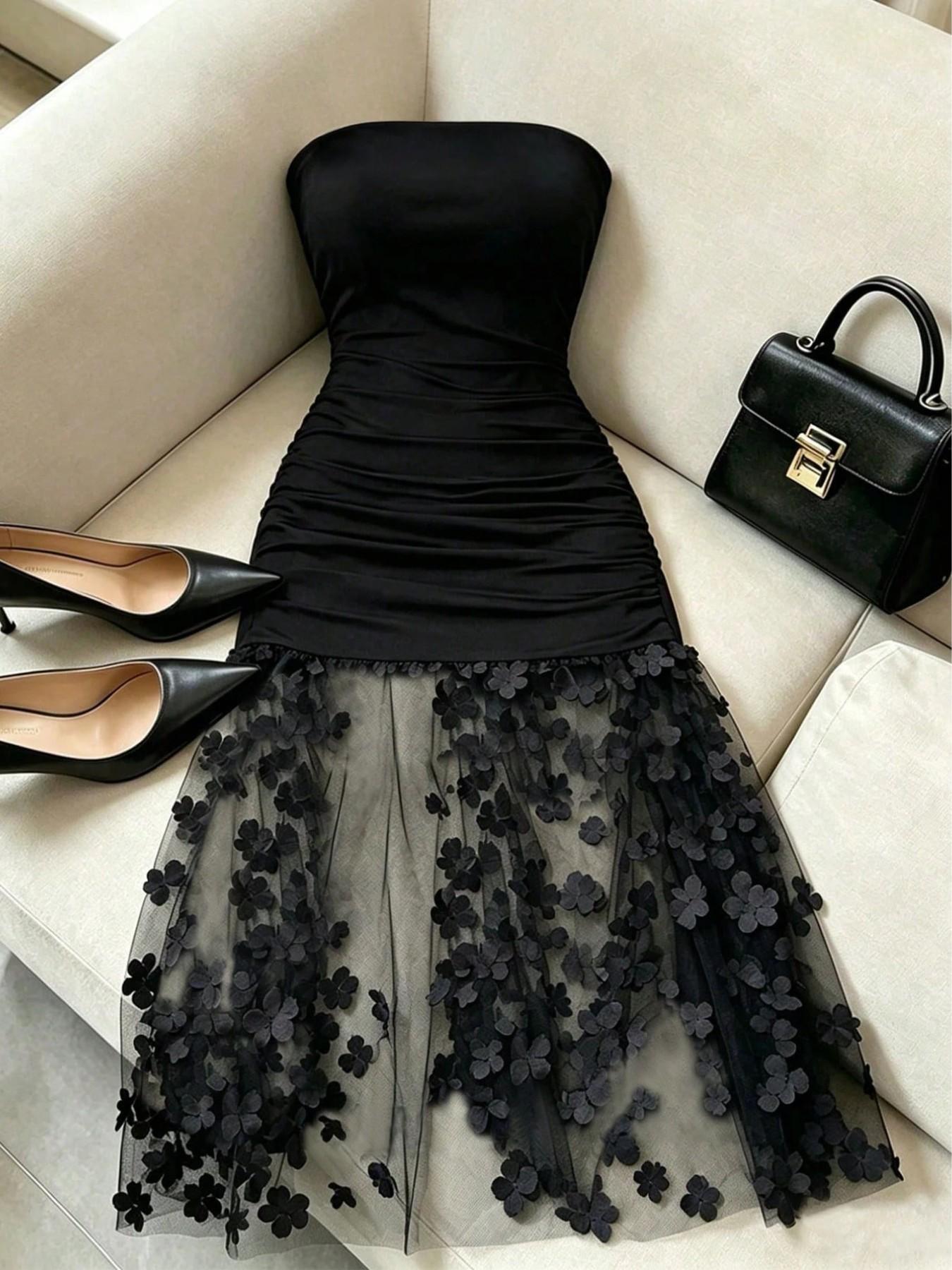 Strapless Solid Color Floral Sheer Slimming Evening Party Wear Gown, Sexy Sheer Mesh Hem Bodycon Dress for Women