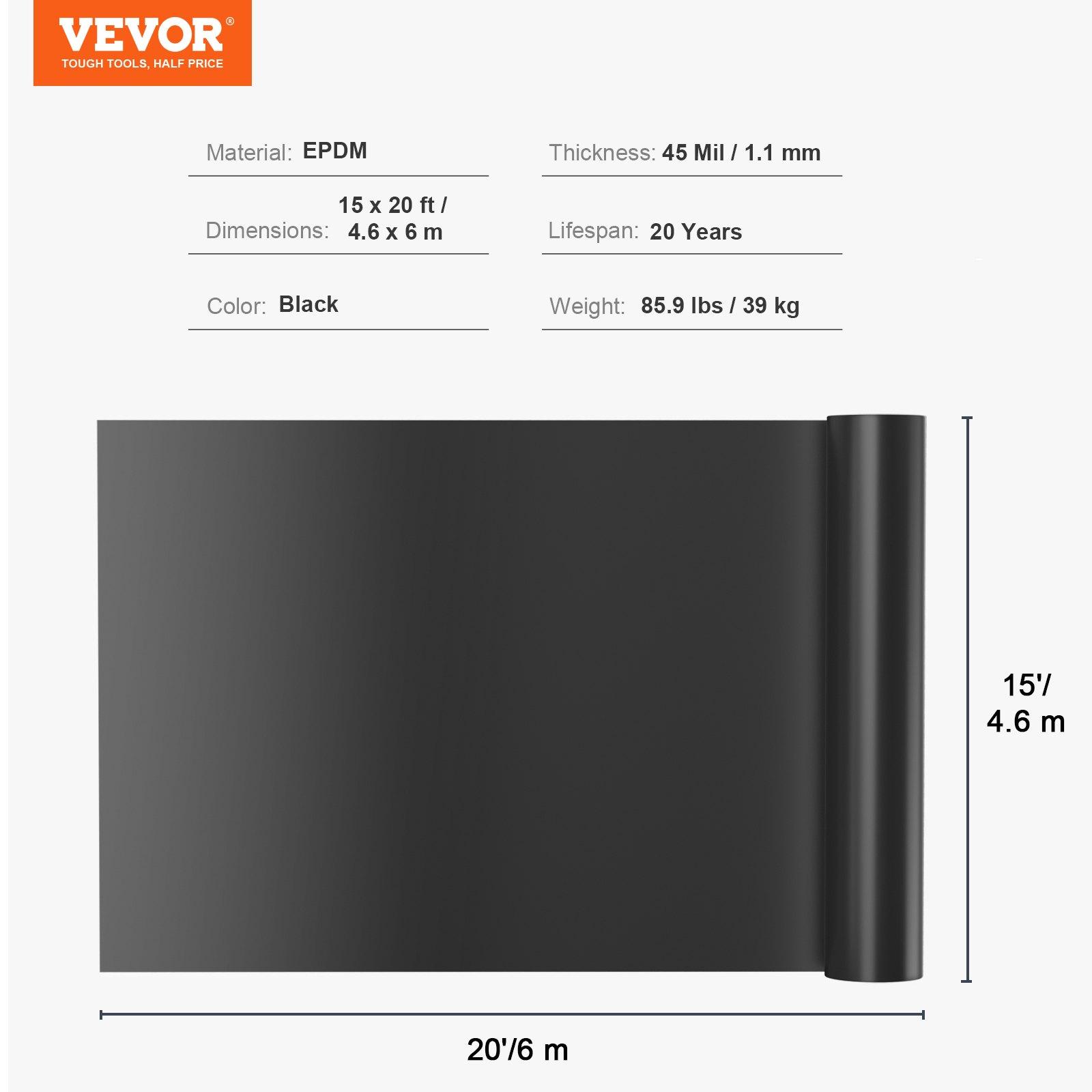 VEVOR Pond Liner, 15x 20 ft 45 Mil Thickness, Pliable EPDM Material Pond Skins, Easy Cutting Underlayment for Fish or Koi Ponds, Water Features, Waterfall Base, Fountains, Water Gardens, Black