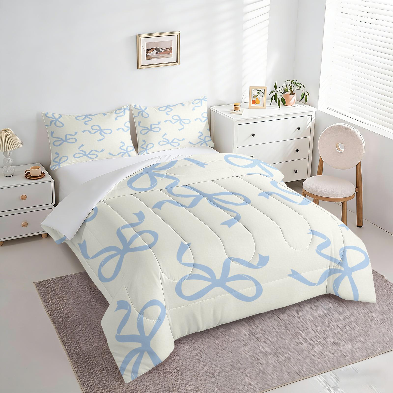 2/3Pcs Black Bow Print Comforter Set, Soft Microfiber Bedding Set with Pillowcases, Coquette Aesthetic Quilt, All Season Lightweight Digital Printed Bed Set for Girls Teens Bedroom Decor
