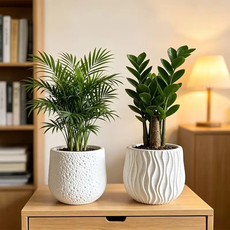 2 Piece Ceramic Texture Plastic Flower Pots Set, Large Mouth Decorative Planters, Modern Indoor Garden Decor for Living Room, Indoor Pots For Plants