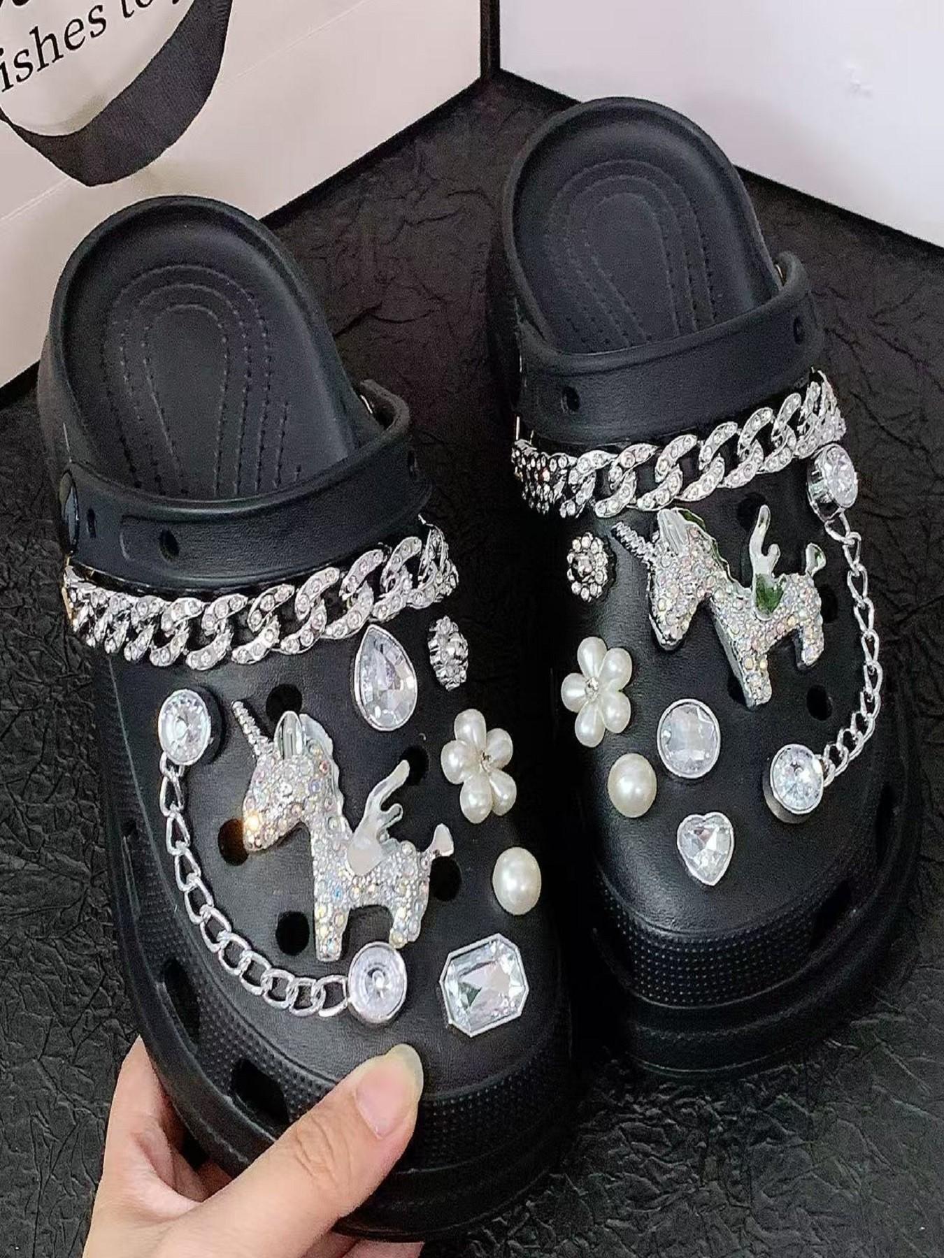 New 16pcs Hole Shoe Decoration Accessories Chain Small Horse Set Silver Color Rhinestone Chains, Detachable Hole Shoes Parts