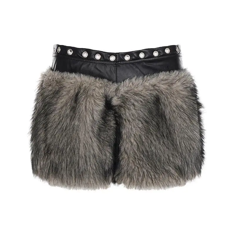 FAGADOER Vintage Sexy Fur Patchwork Bodycon Shorts Women Y2K Streetwear Deer Pattern Shorts Female Streetwear Bottoms 2025 New