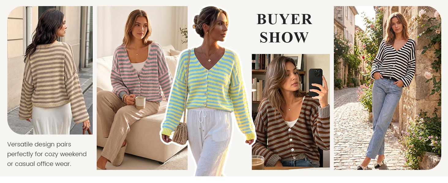 Saodimallsu Women's Oversized Striped Knit Cardigan, Fall Trendy V-Neck Long Sleeve Casual Sweater with Buttons, Soft Knit Fabric