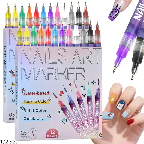 12 Colors Nail Art Pens Set for Dot and Line Drawing, 0.5 mm Graffiti Painting Liner Pen for DIY Design, Manicure Tools, Home Nail Art Supplies