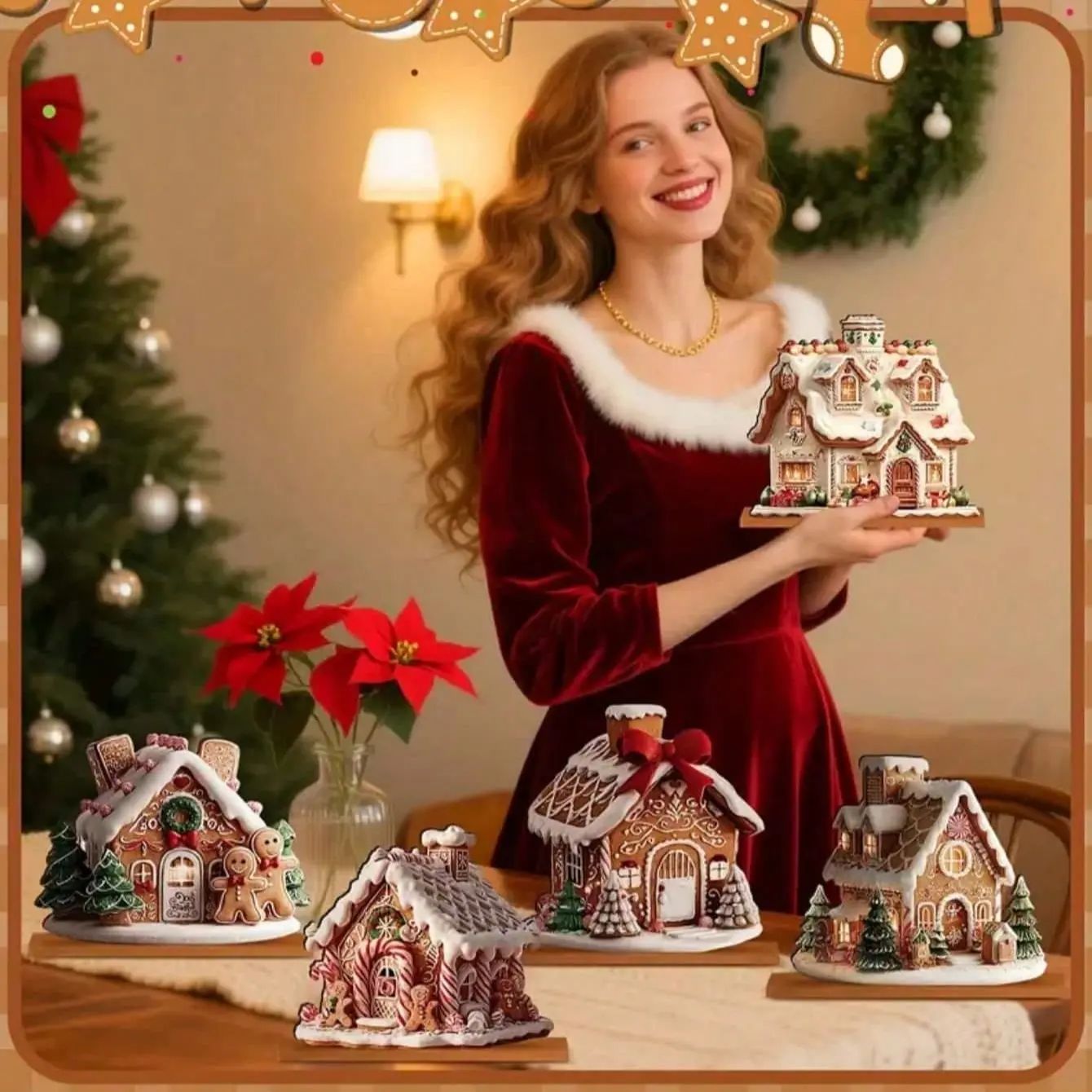 5pcs Christmas Gingerbread Table Top Decorations, Wooden Holiday Glitter Village Display Stand, Fireplace Bookshelf Office Decor