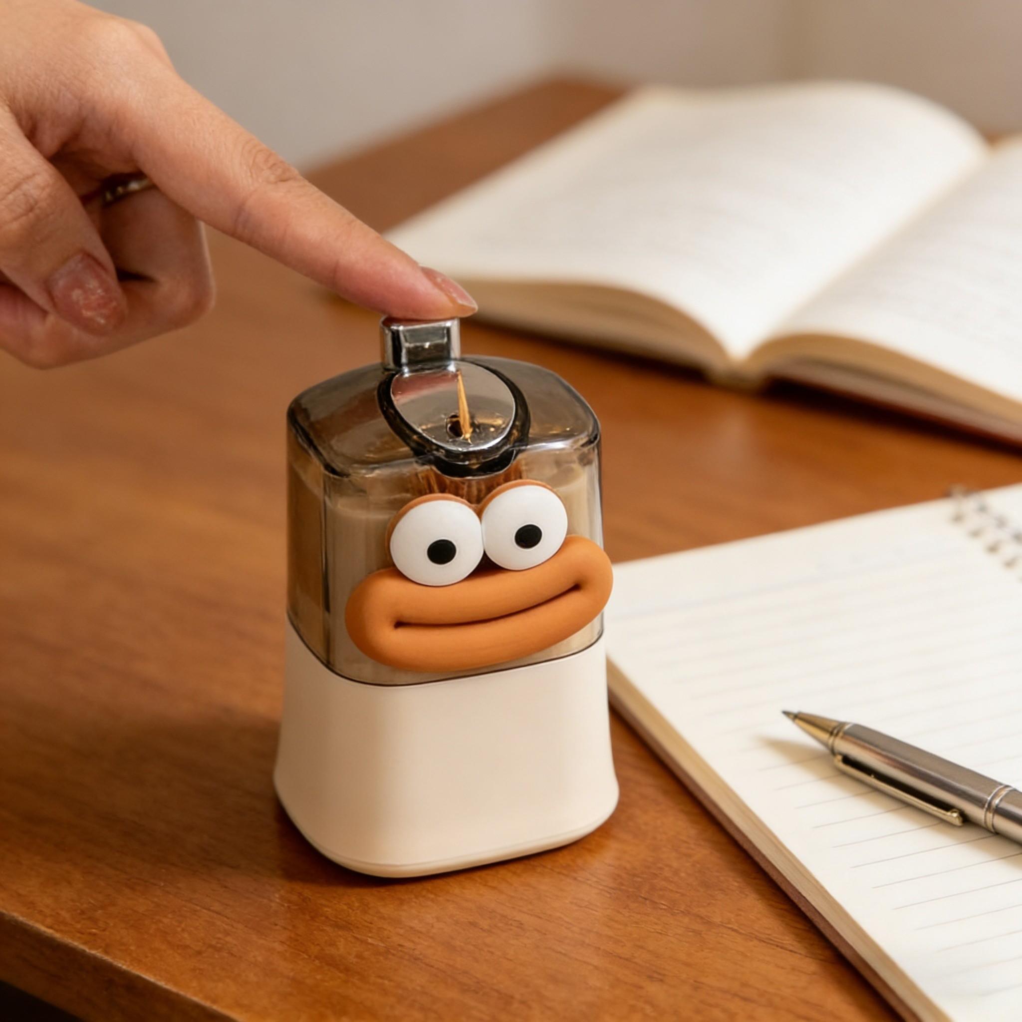 Automatic Press Toothpick Holder, Plastic Toothpick Dispenser, Creative Toothpick Storage Box, Cute Design, Includes Cartoon Stickers