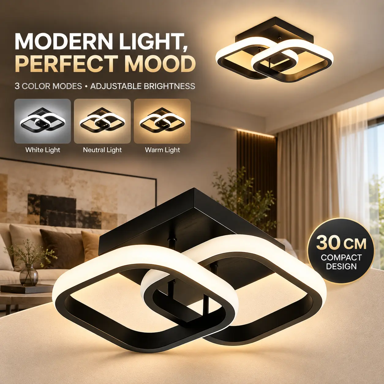 Modern  Creative LED Flush Mount Ceiling Light, 3 Color Modes, Double Square Design for Bedroom, Kitchen, Hallway & Living Room,Installation Accessories Included Set pendant