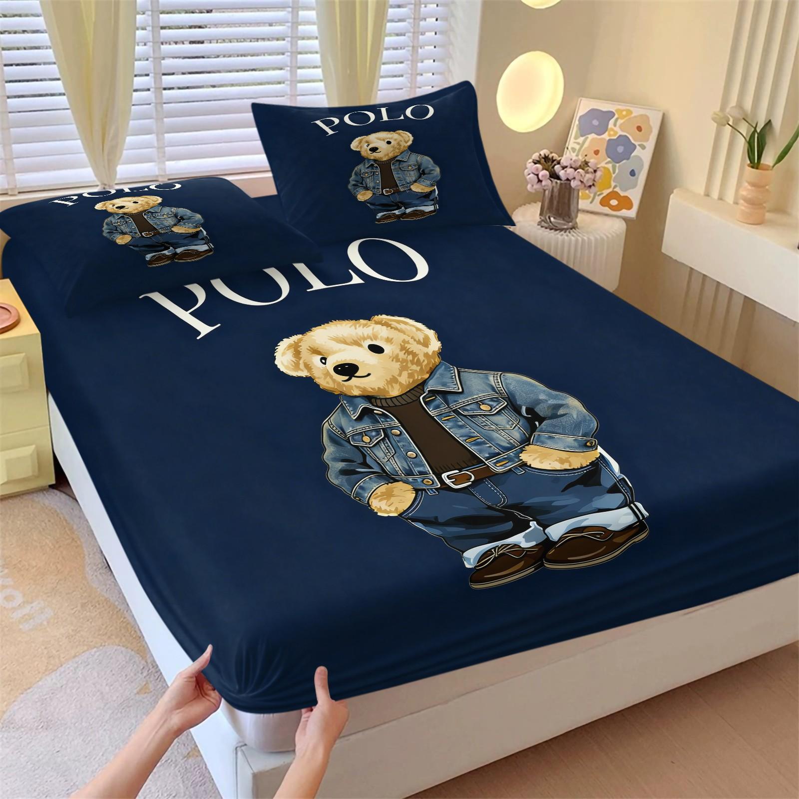 Teddy Bear Pattern Bed Sheet, Comfortable Printed Pattern, Includes 1 Bed Sheet and 2 Pillowcases, Comfortable Bedding, Non slip Dust Cover Suitable for Bedroom and Guest Room, Suitable as a Gift for Children or Adults