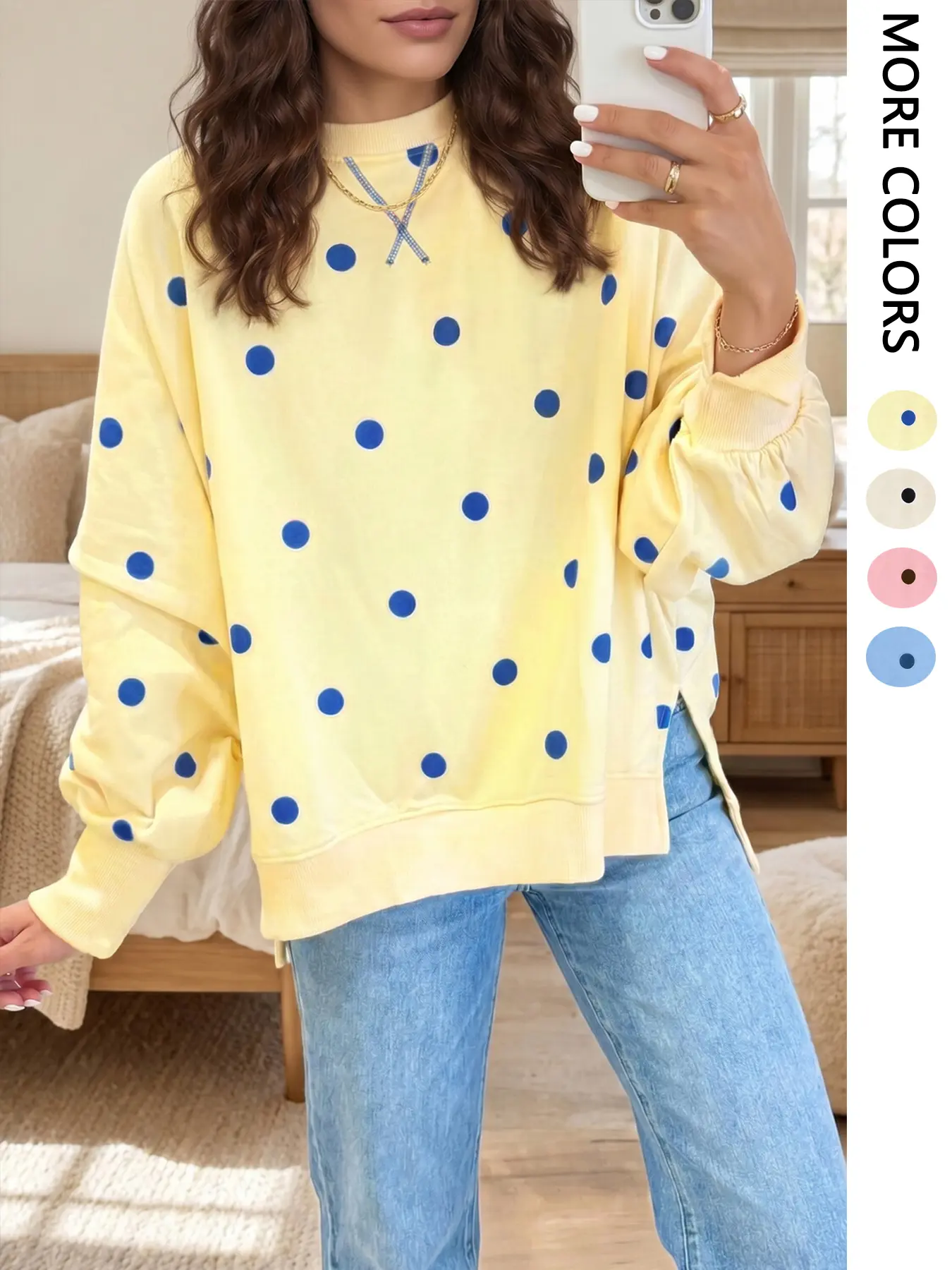 Women's Polka Dot Sweatshirt, Loose Fit Oversized Round Neck Batwing Sleeve, Colorblock Print Casual Comfortable Sporty Pullover