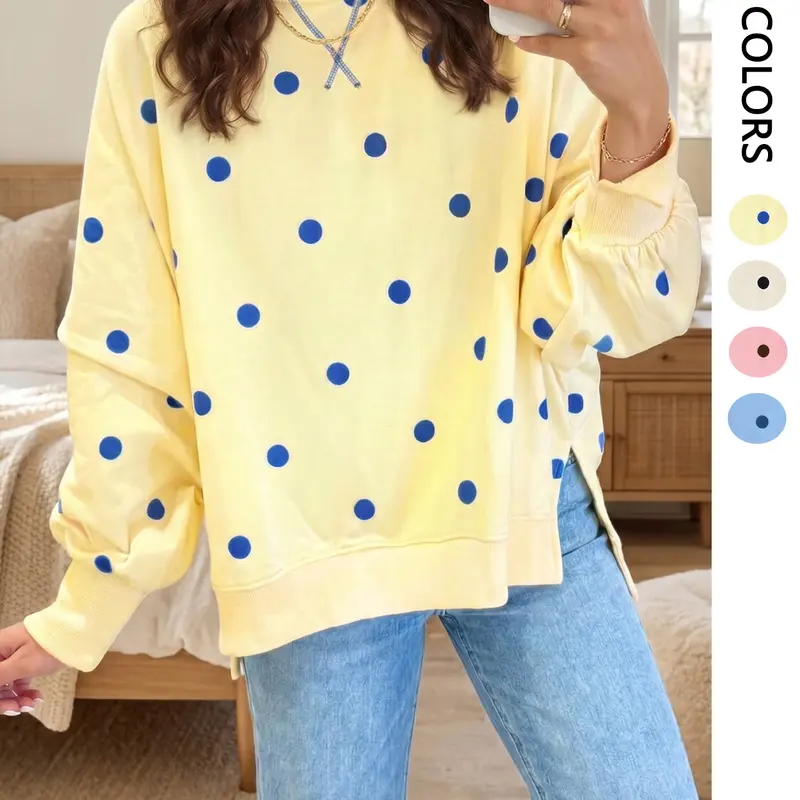Women's Polka Dot Sweatshirt, Loose Fit Oversized Round Neck Batwing Sleeve, Colorblock Print Casual Comfortable Sporty Pullover, Knit Sweatshirt