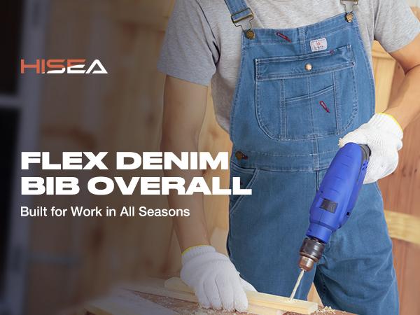 HISEA Men's Denim Bib Overall, Mens Relaxed Fit Overall Midweight Workwear with Adjustable Straps and Convenient Tool Pockets