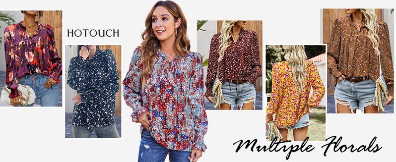 Women's Long Sleeve Tops 2025 Fall New Arrivals Boho Floral Printed Blouses Casual V Neck Pleated Drawstring Shirts Fashion dealsforyoudays Outdoorfun