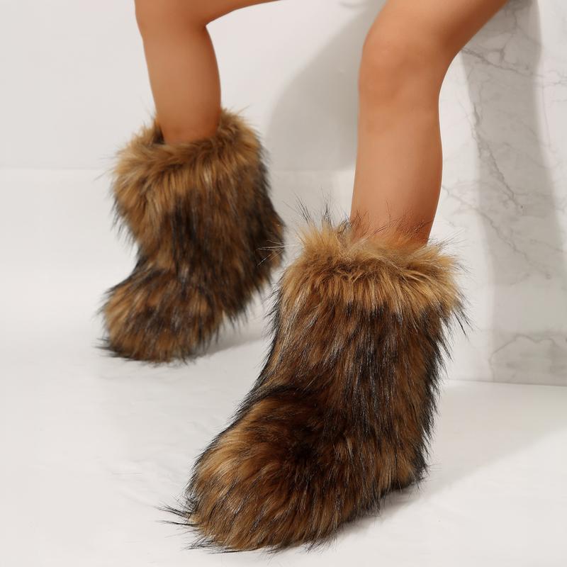 Women's Plush Boot Furry Fluffy Comfortable Mid-Calf Boots Round Toe Warm Lined Snow Boots Y2K Outdoor Outdoor Fashion Boots Shoes