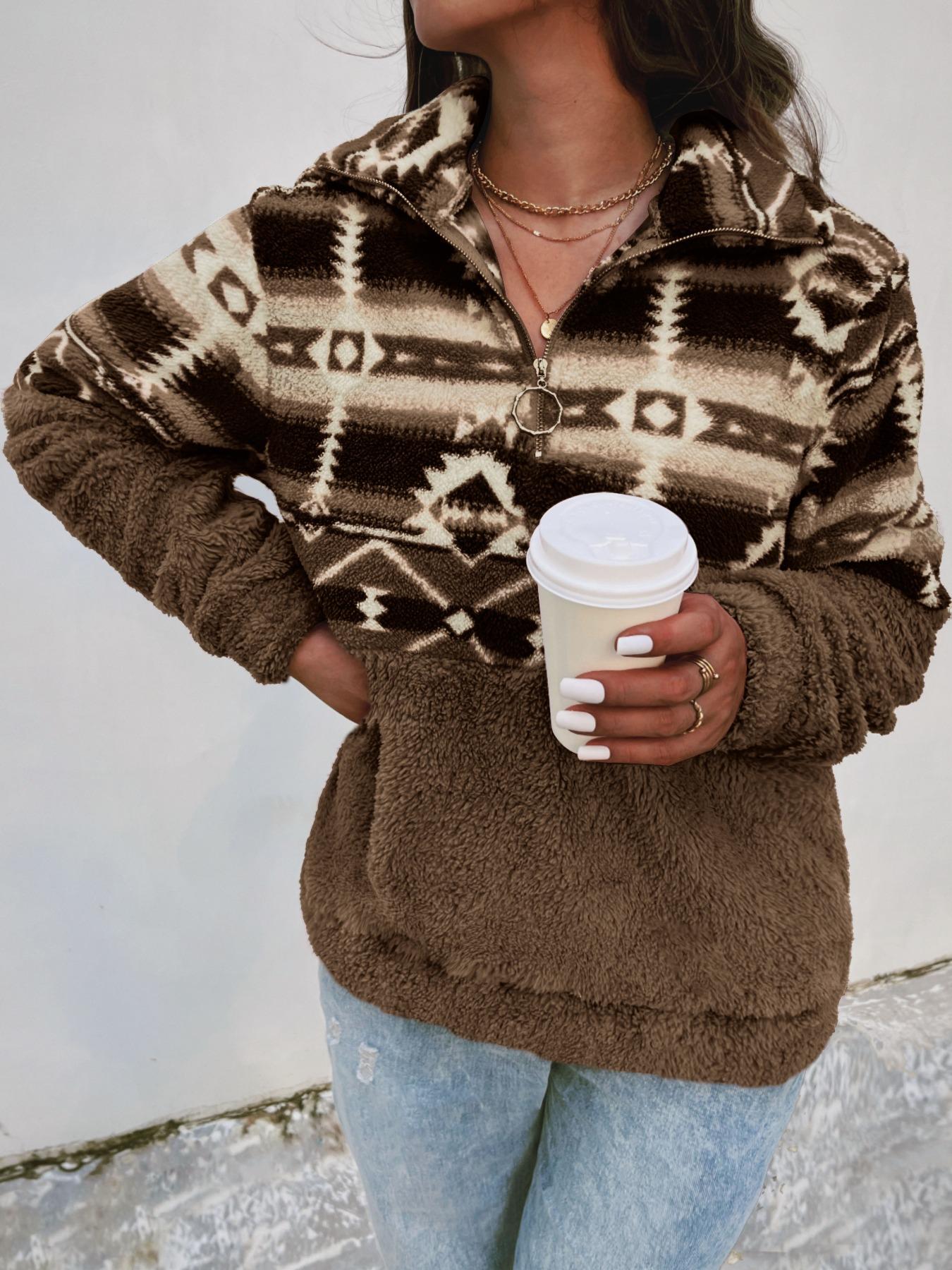 Women's Colorblock Geometric Print Drop Shoulder Zip Up Fuzzy Sweatshirt, Boho Long Sleeve Collared Polar Fleece Pullover for Fall & Winter, Ladies Clothes for Daily Wear