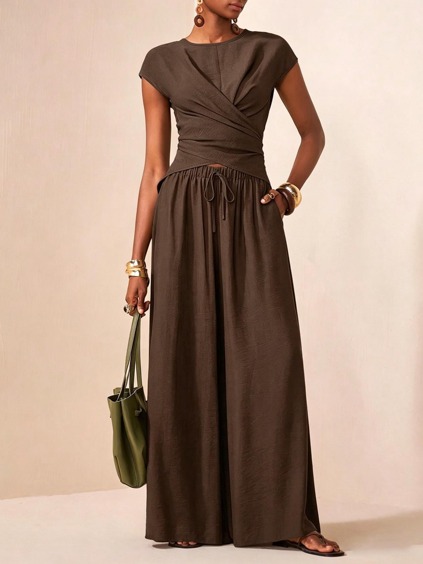 Women's Two-Piece Set, Cross-Tie Short Sleeve Top & High Waist Wide-Leg Pants, Casual Soft Matching Outfit
