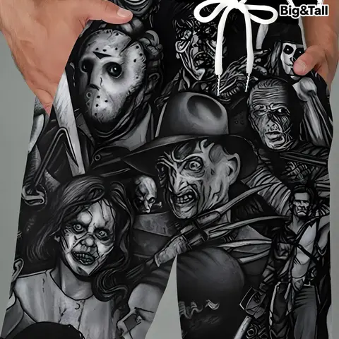 Plus Size Men'S Vintage Monster Print Shorts, Casual Streetwear Graphic Loose Shorts, Drawstring Waistband Shorts - Black & White Graphic Design, Drawstring Waist, Pockets, Casual Summer Wear, Drawstring Beach Shorts