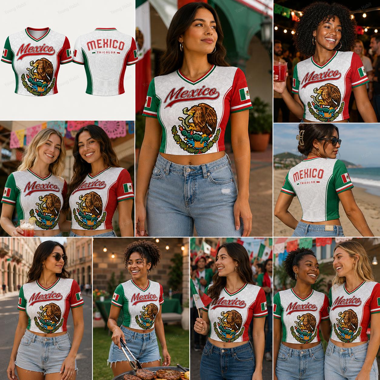 Women's Mexico Cropped V-Neck Athletic Cultural Pride Tee - Short Sleeves, Aztec Graphic, Flag Design, Polyester Lightweight Breathable Fabric, for Casual Streetwear
