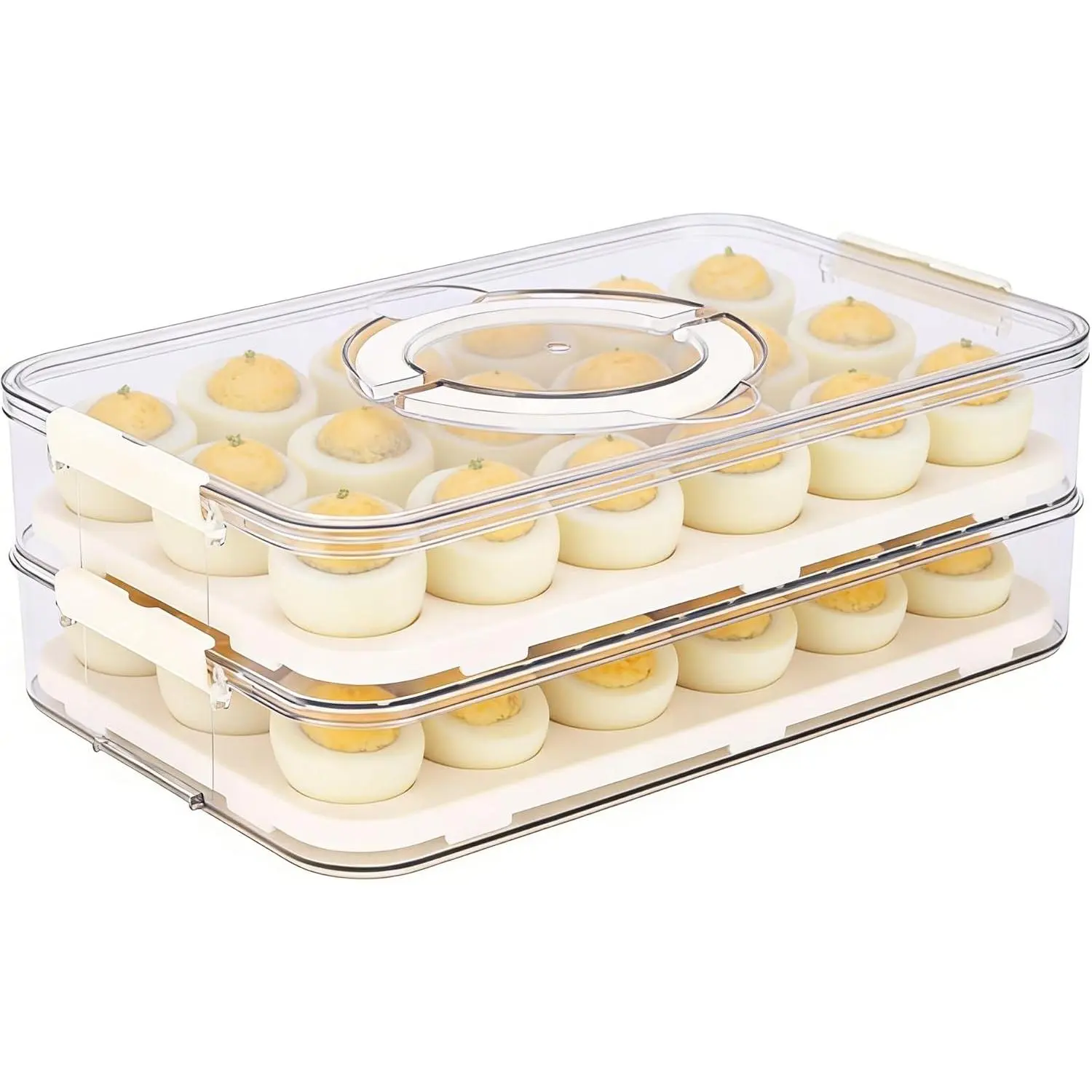 2-Layer Egg Holder for Fridge with Handle,Plastic Deviled Egg Containers with Lid nd Side Clip Layer,Deviled Egg Tray for Kitchen,Camping Egg Container with Lid Fits 20X2 Eggs(40 Eggs)( Clear)