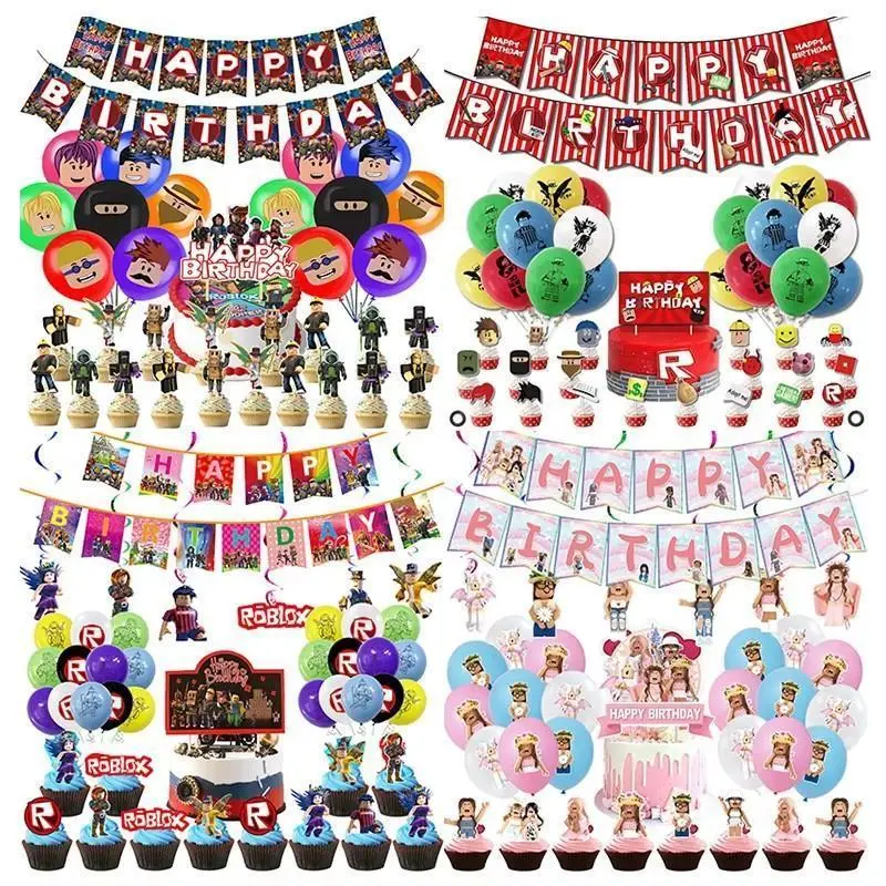 New ROBLOX Birthday Party Decoration Pull Flag Banner Balloon Cake Topper Set Party Supplies Girls Kids Boys Favor Gift Game DIY