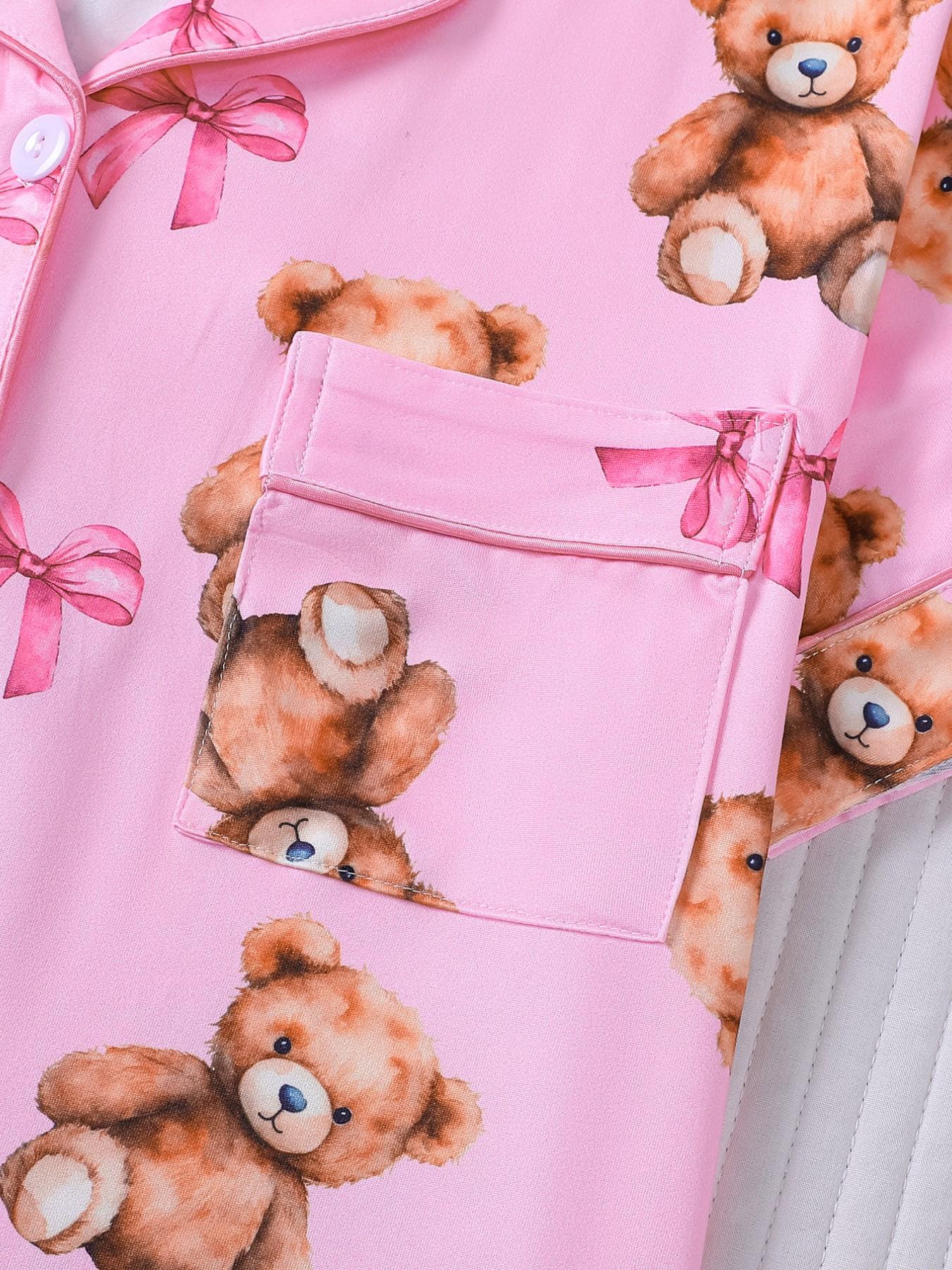 2 Piece Women's Pajamas Set, Pink Teddy Bear Bow Print Short Sleeve Sleepwear, Lapel Button Down Top with Pocket, Elastic Waist Shorts, Cute Cartoon Bear Comfy Loungewear for All Seasons, Daily Casual Homewear