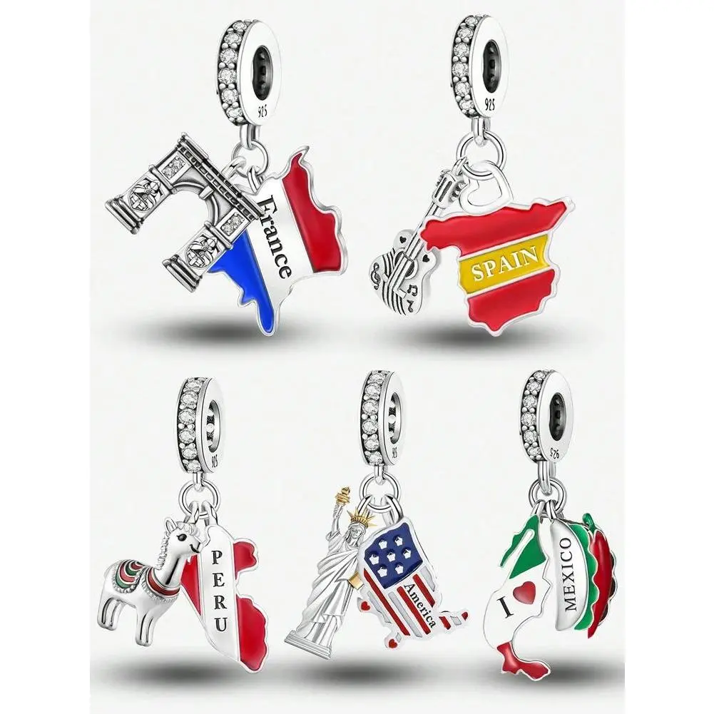 Lastfire 925 Sterling Silver Alpaca Rainbow Global Travel Plan Charms Bracelet Bangle Making Gift High Quality Fine Jewelry