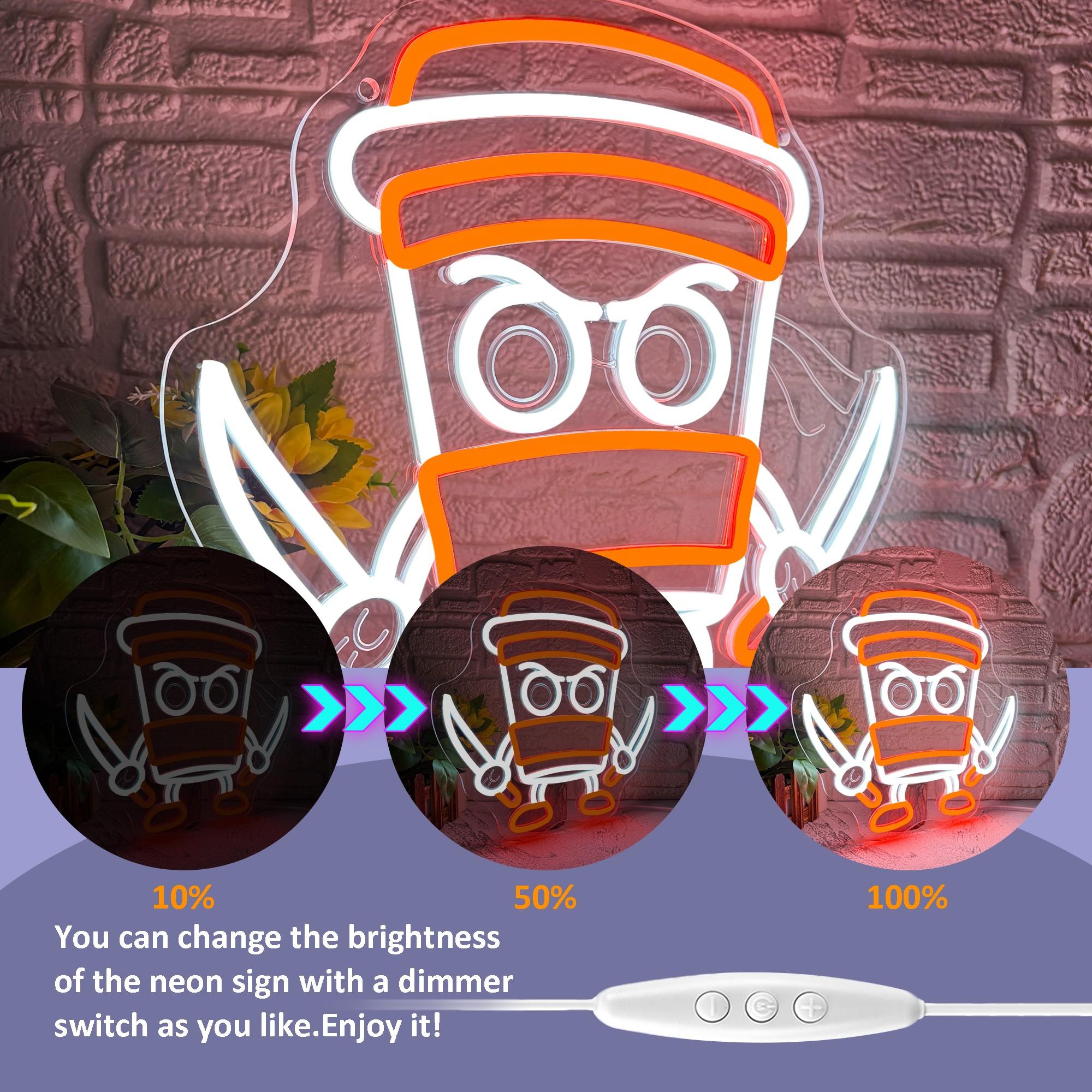 Italian Cappuccino and Assassin Neon Sign, Dimmable, Fun Cappuccino Killer Neon Sign, Ninja Coffee Cup Wall Decor, Suitable for Bedroom, Club, Cafe, Bar, Interior Decoration, Gift