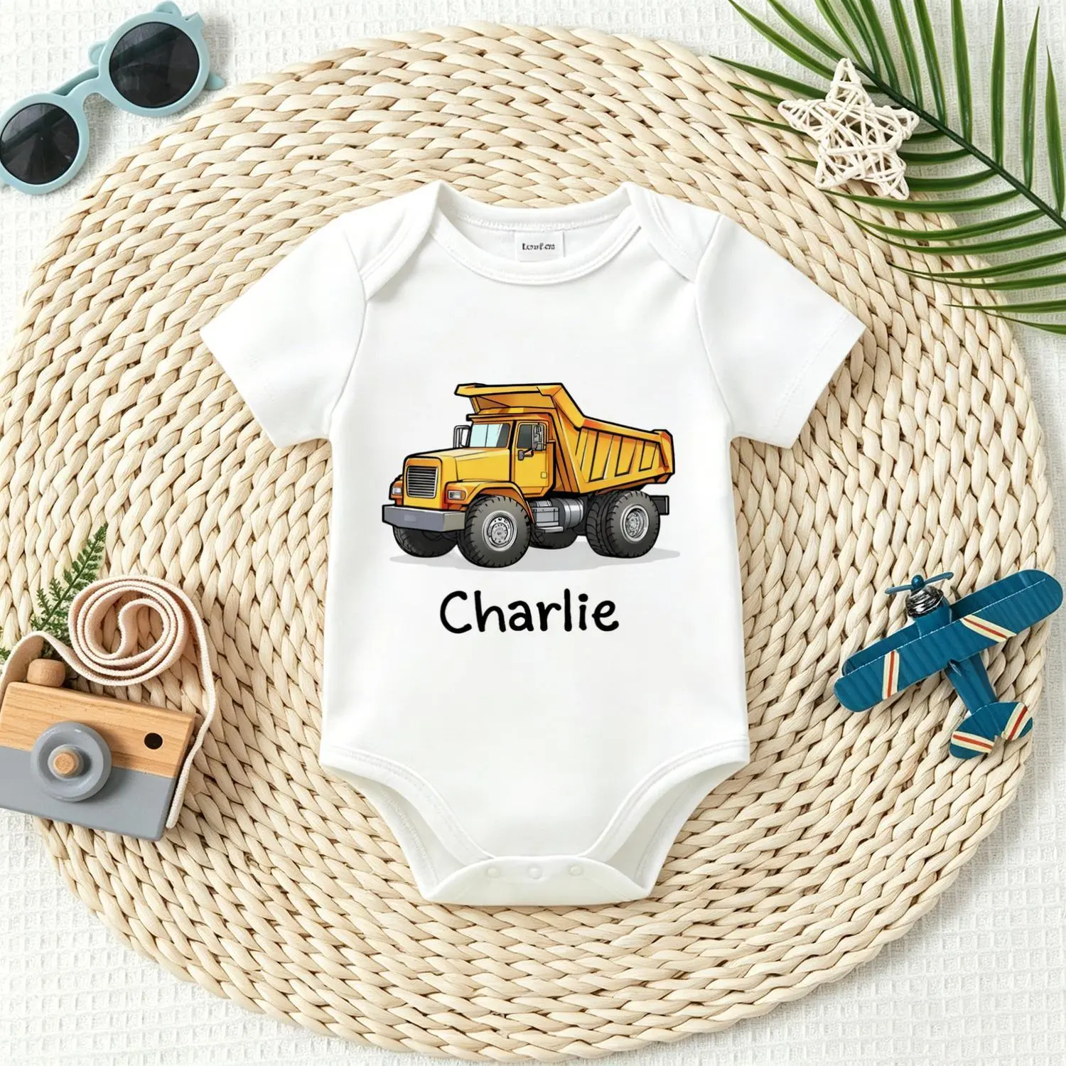 Personalized Dump Truck Baby Bodysuit, Soft Cotton Infant Romper, Cute Custom Name First Birthday Outfit for Newborn Essentials Summer Wear, Unisex Names, Easy Snap
