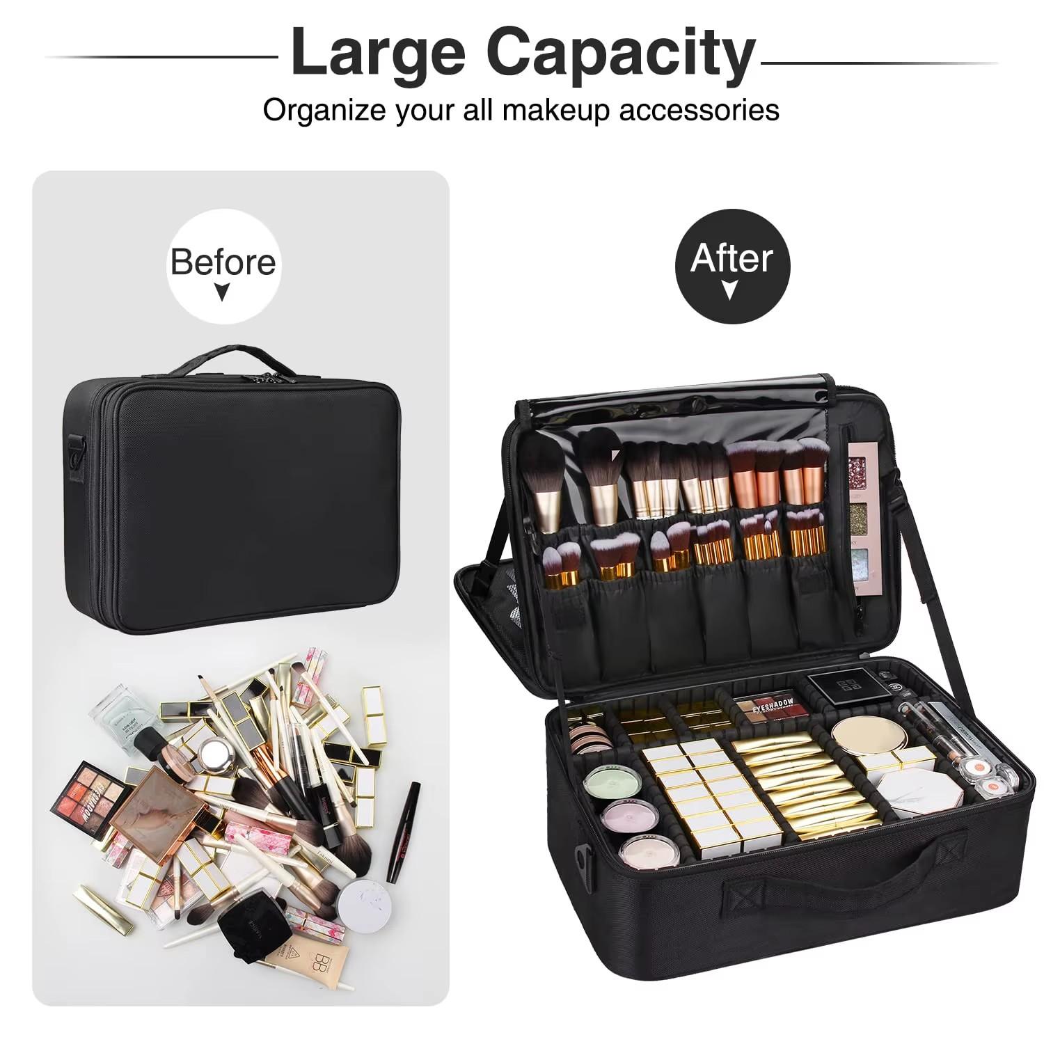 Travel Makeup Case 3 Layers, Portable Makeup Bag Organizer, Adjustable Dividers, Ideal for Artists, Compact and Durable Design
