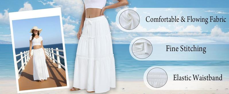 White Maxi Skirt for Women Casual Elastic Waist A-Line Summer Boho Beach Long Skirts