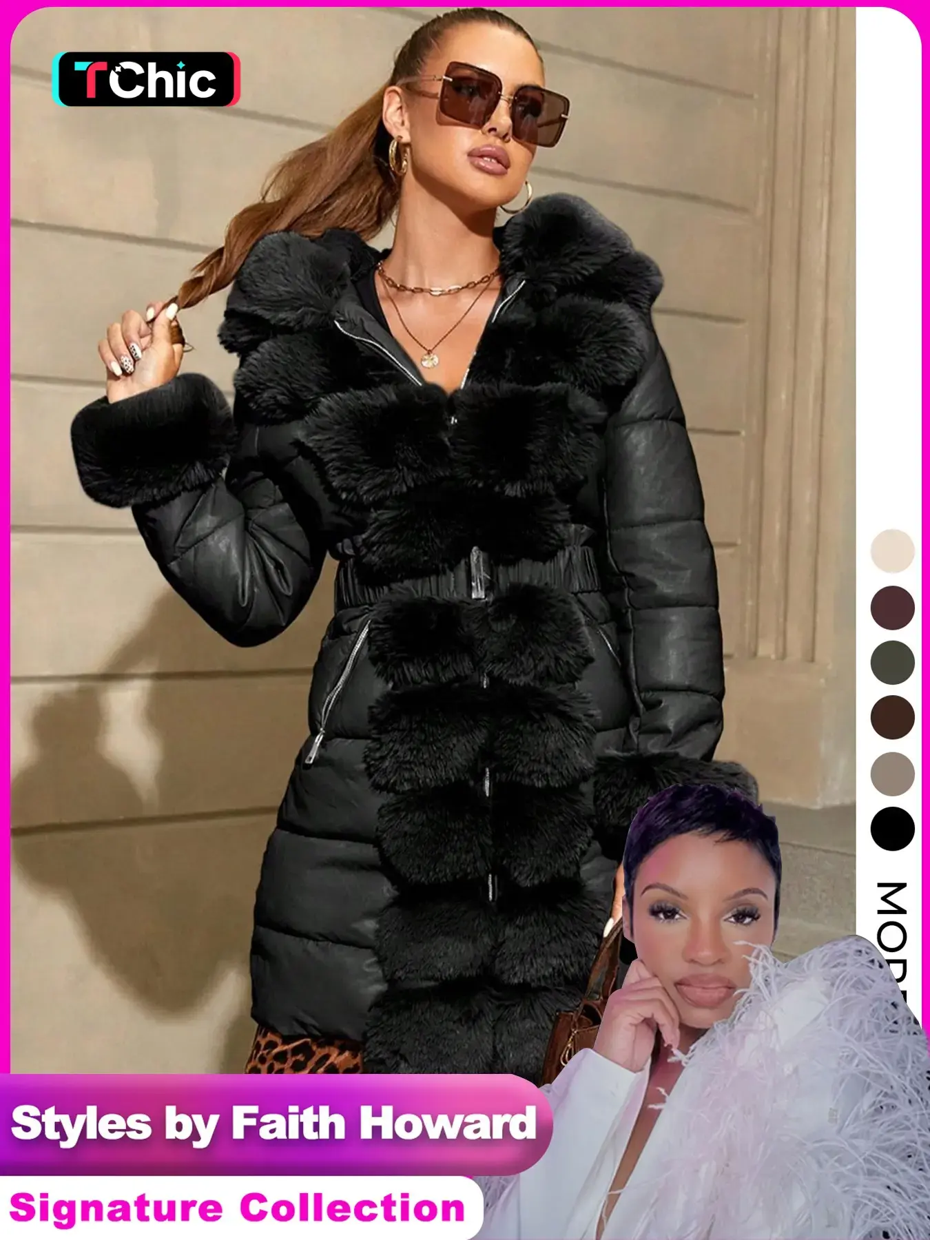 【Black Friday】Women's Elegant Chic puffer Coat with Fleece Trim, Faux Fur & Belt, Mid-Length Fall Winter Hooded Fitted Woven Jacket, Warm Daily Wear Outerwear Tops, Warm Casual Outerwears